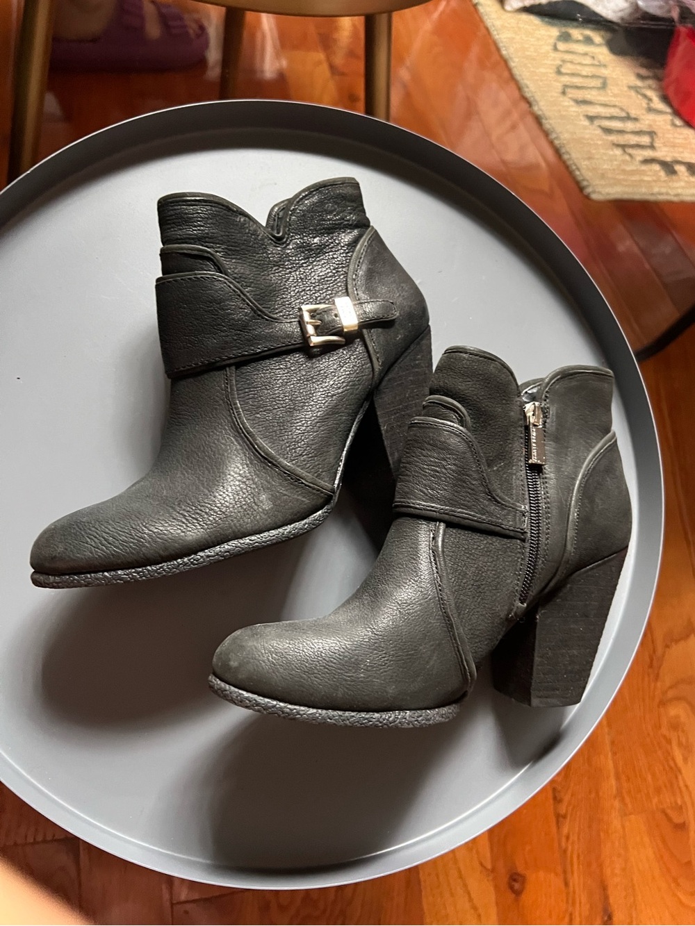 Vince Camuto Black Leather Ankle Booties with Buckle rubber sole